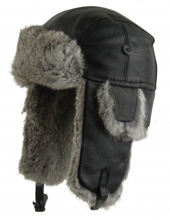 Chapeaux d'hiver - MJM Trapper Hat Leather with Rabbit Fur (Noir/Gris)