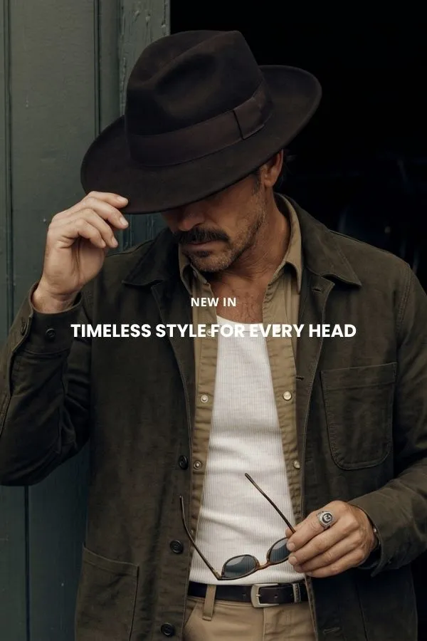 Un homme est assis sur une caisse en bois dans un studio, portant un chapeau de cowboy classique en feutre marron à larges bords, une chemise en jean foncé et un jean.