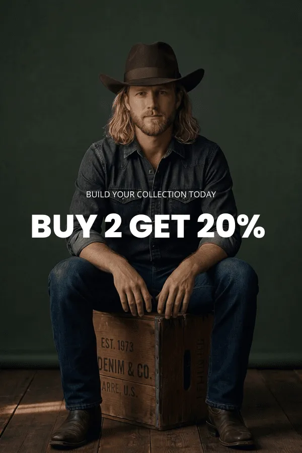 Un homme est assis sur une caisse en bois dans un studio et porte un chapeau de cowboy classique en feutre brun à large bord, une chemise en denim foncé et un jean.